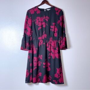 H&M Floral Dress Size 6 Black Pink Long Sleeve Tiered Ruffle A Line Women